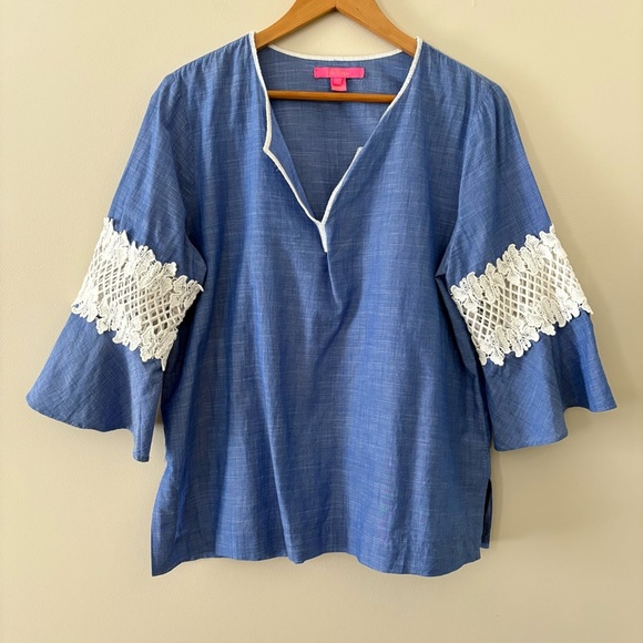 Lilly Pulitzer Amelia Island Flounce Sleeve Top Coastal Blue Lace Accent Size L - Picture 2 of 13